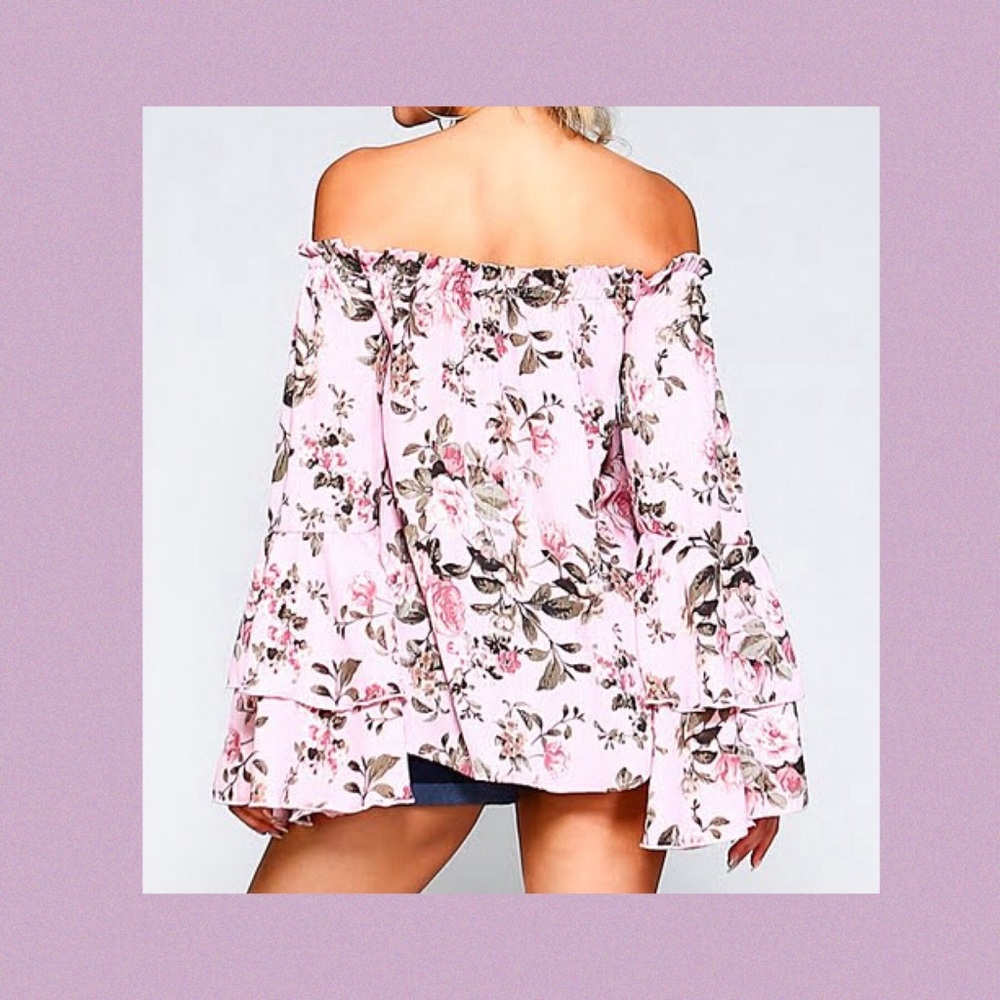 🔴 Floral Off the Shoulder Tiered Bell Sleeve Top New - Picture 4 of 5